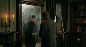 古い鏡の前に立つ人物の後ろ姿と、鏡に映る微妙に異なる二つの顔。歴史的なドッペルゲンガー目撃記録の雰囲気を表す。