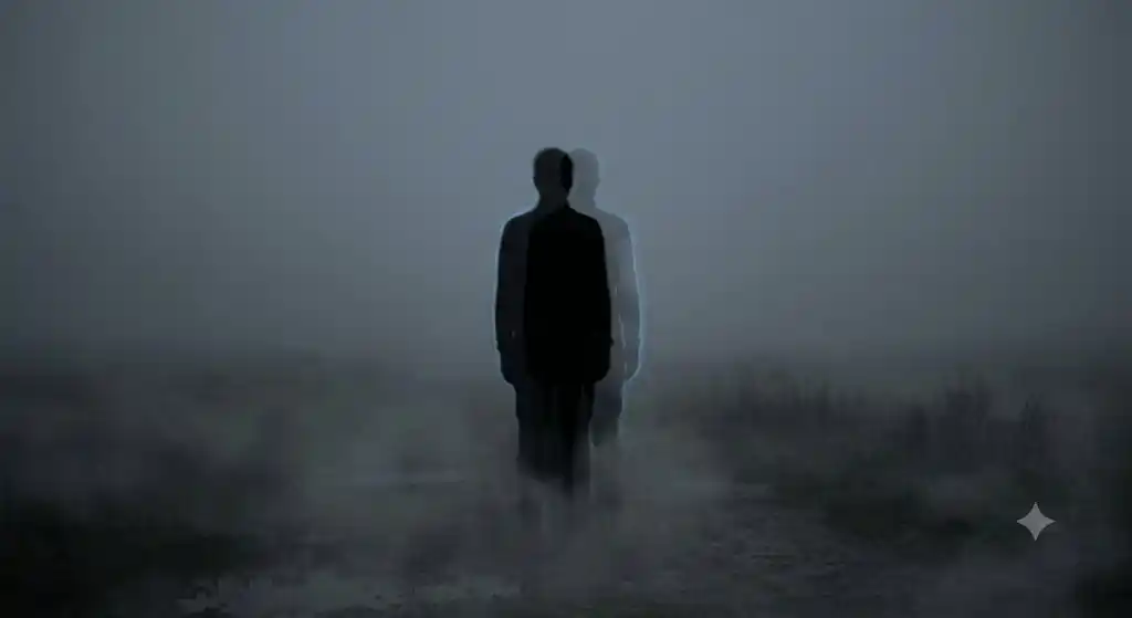霧の中に立つ人物の輪郭が二重に重なる幻想的な情景。科学的説明が届かない自己像幻視の未解決領域を象徴する。