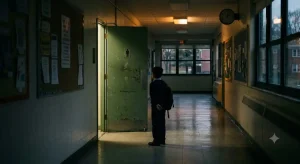 学校のトイレの個室ドアの前に立つ後ろ姿のシルエット、放課後の薄暗い廊下