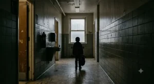 三番目の個室の前で立ち止まる子供の後ろ姿、学校トイレの薄暗い廊下