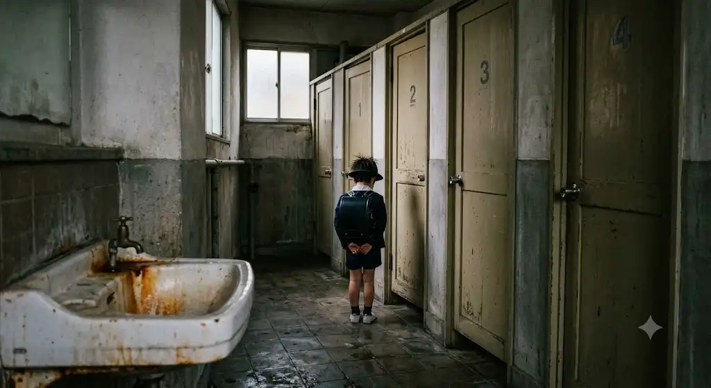 三番目の個室の前で立ち止まる子供の後ろ姿、学校トイレの薄暗い廊下
