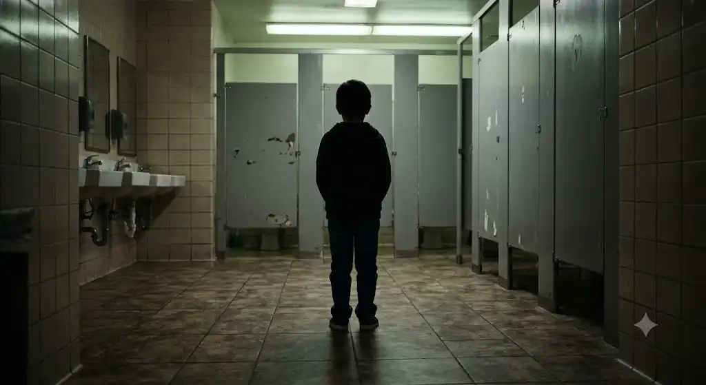 学校のトイレの個室の前で立ち止まる生徒の後ろ姿、薄暗いタイルと消毒液のにおいを感じさせる情景