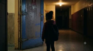 学校のトイレの個室前に立つ子供の後ろ姿、赤みを帯びた薄暗い廊下、花子さんの対処法を連想させる情景