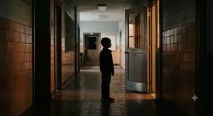 花子さん 呼び出し方の儀式を象徴する薄暗い学校のトイレの前に立つ生徒の後ろ姿
