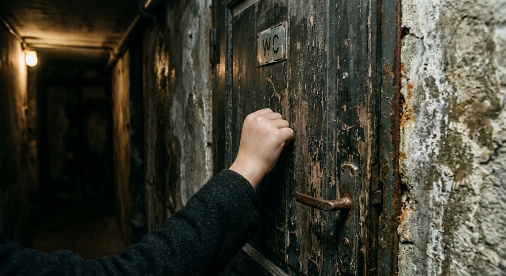 ノックをする手と静まり返った学校のトイレの薄暗い廊下
