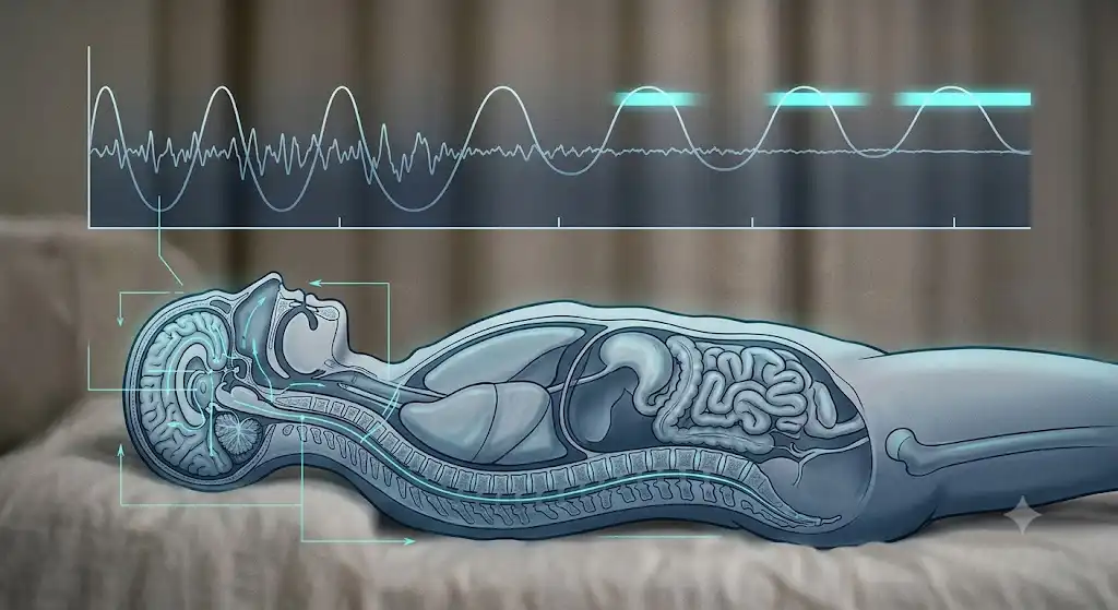 REM睡眠の分布と明け方に向けて増加する睡眠サイクルの構造図解