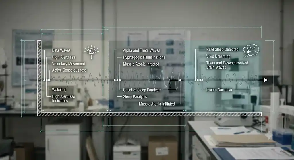 睡眠ポリグラフの波形と眠る人物を組み合わせたブループリント図解。WILD技法における覚醒・睡眠麻痺・明晰夢への移行プロセスを可視化