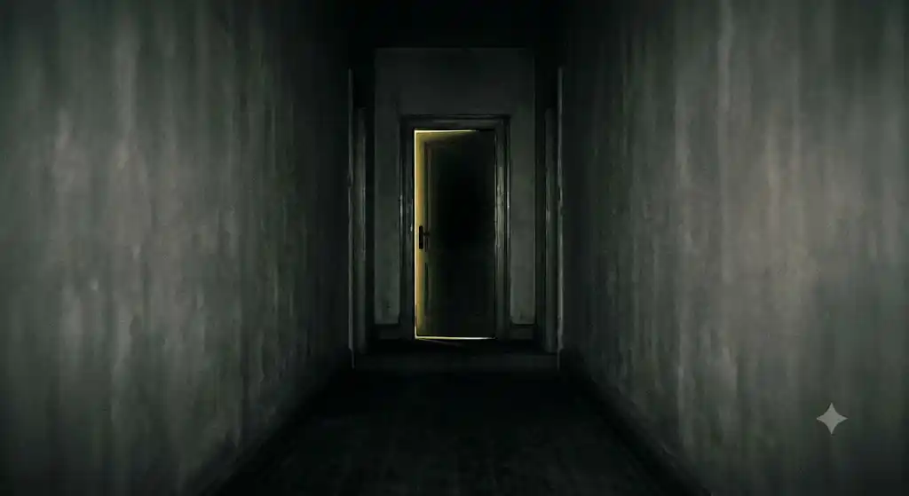 薄明かりの廊下の突き当たりに立つ扉。扉の向こうから光が漏れているが何があるかは見えない。意識の境界線を象徴する不気味で幻想的な情景