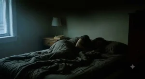 夜の薄暗い寝室で胸の上に重さを感じながら動けずにいる人物のシルエット、世界共通の金縛り体験のイメージ