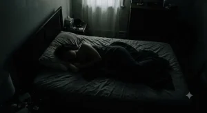金縛り中に体が浮く感覚を体験し、薄暗い寝室の天井付近に意識が漂う人物のシルエット