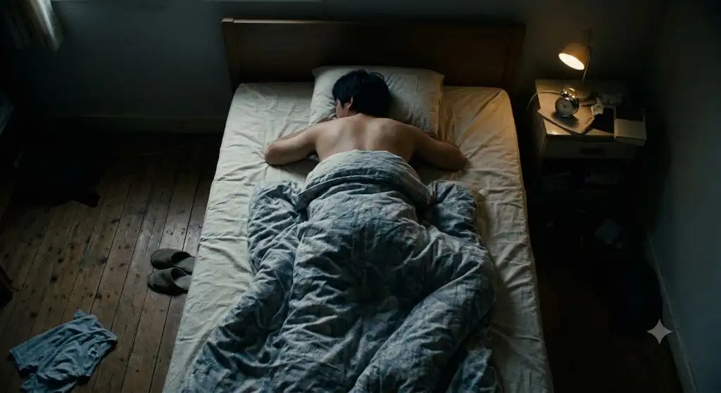 薄暗い寝室の天井近くから、眠っている自分の後ろ姿を見下ろすような視点の情景