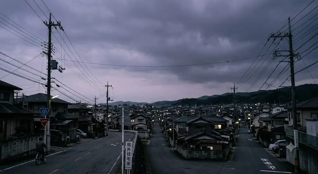 薄紫色の夕暮れ空と静もり返る街並みを遠くから捉えた広大な情景画像