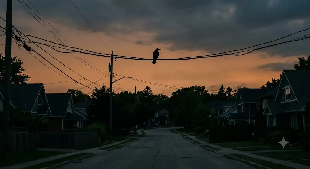 夕暮れの電線にとまり鳴くカラスのシルエット、不吉な予感を漂わせる情景
