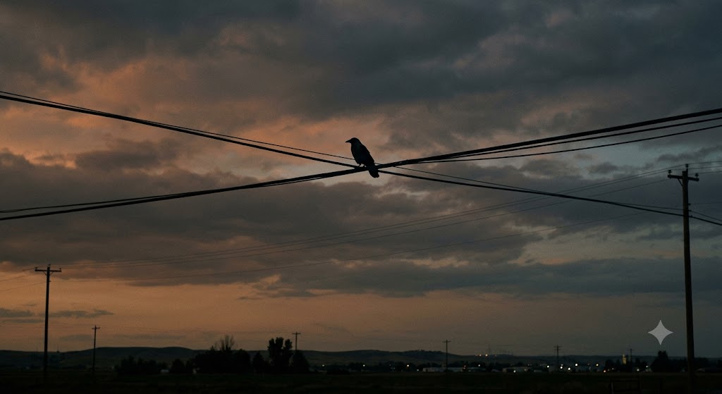 夕暮れの電線にとまり鳴くカラスのシルエット