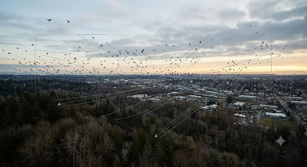 ねぐらから餌場へ移動するカラスの群れと鳴き交わしを示す構造図