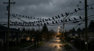 夜の住宅街の電線に群れるカラスと、鉛色に曇った夜空
