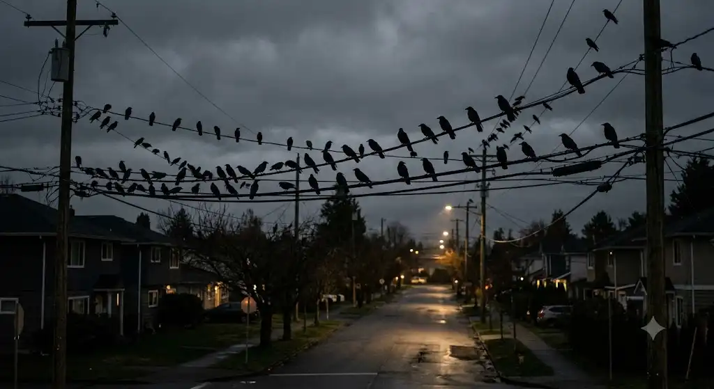 夜の住宅街の電線に群れるカラスと、鉛色に曇った夜空