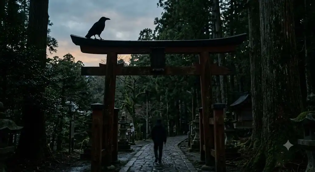 神社の鳥居の上に止まるカラスのシルエット、参拝客が遠景に佇む神秘的な情景