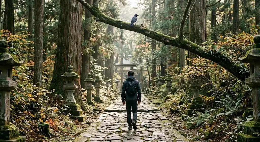 神社の参道を歩く後ろ姿の人物、頭上の木の枝にカラスが止まっている情景