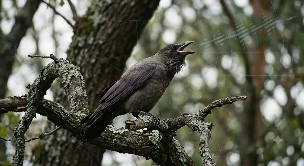 カラスの鳴き声の種類と機能を示す図解イメージ