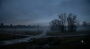 夕暮れの公園で遠くの木々に集まるカラス群と静寂な都市景観