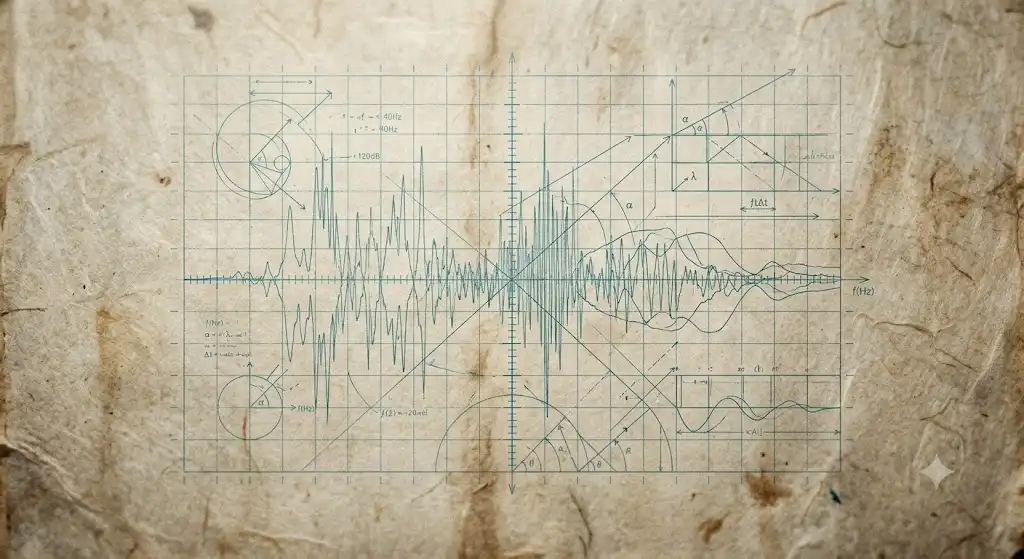 音波波形と幾何学グリッドが重なるカラスの音声分析図解