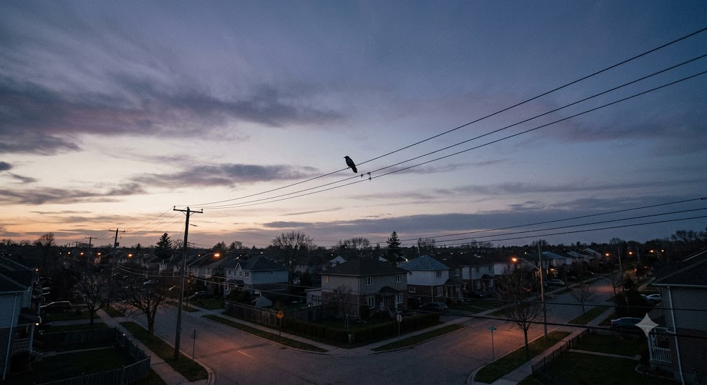 夕暮れの空と広大な町並みを背景に電線に止まるカラスのシルエット