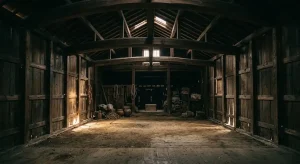 古い神社の蔵の奥、静かに佇む木箱と河童のミイラを象徴する引きの風景