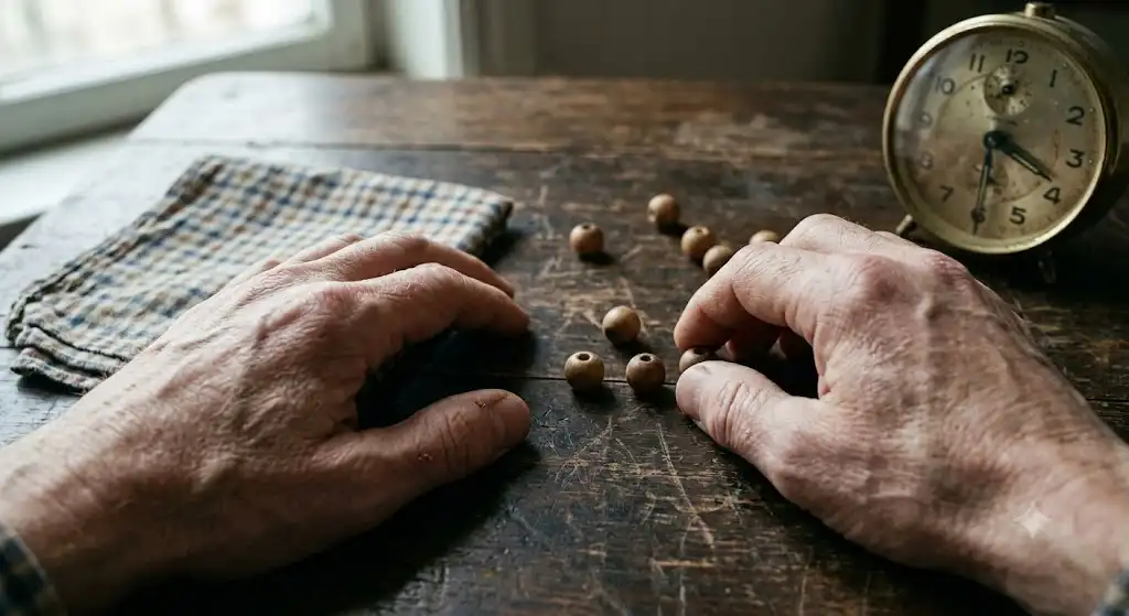 くしゃみや偶然の数字を意識し、手元や古い道具を見つめる体験者の主観視点