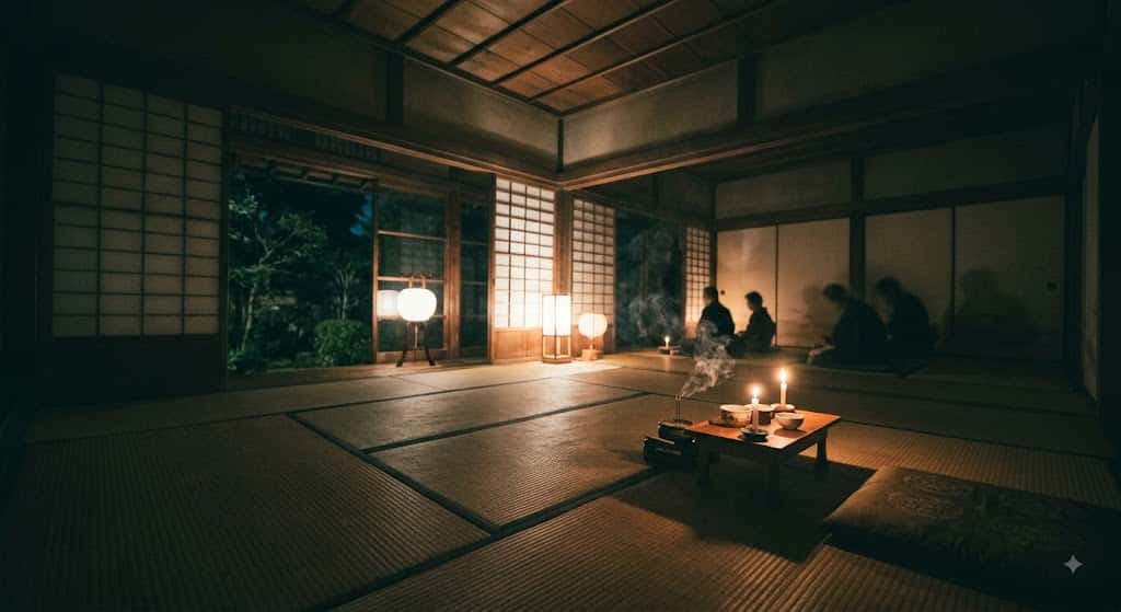 お盆の時期に古い日本家屋の仏間を遠くから見渡す、静けさと微かな気配が漂う情景