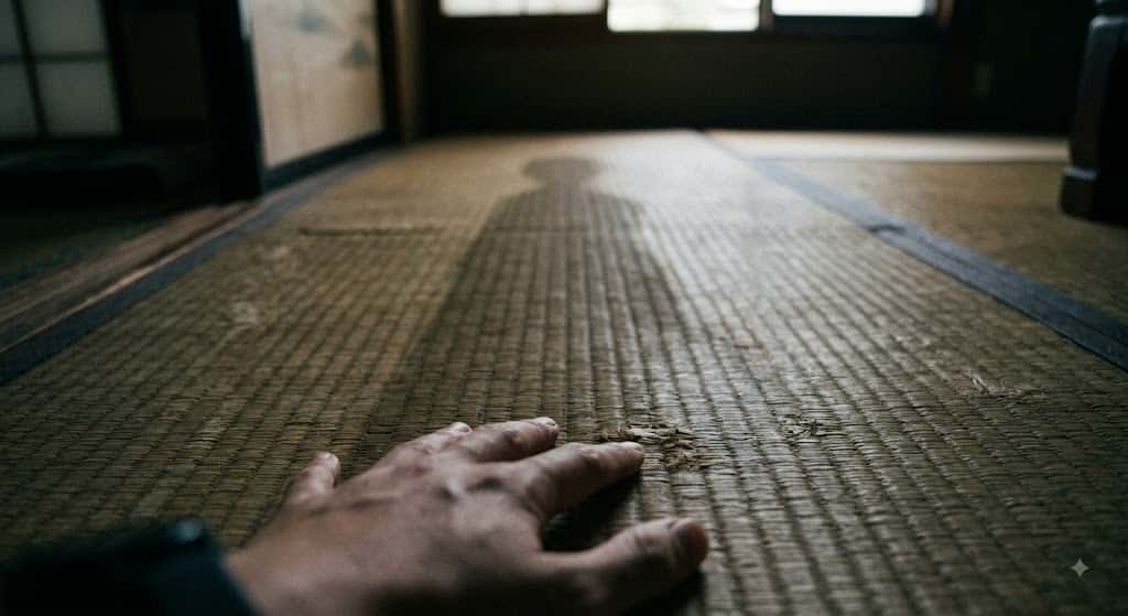 お盆の夜の古い畳の上で、静かに伸びる自分の影と足元を捉えた主観視点