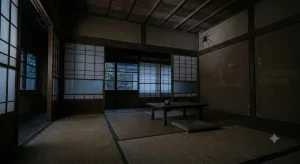 薄暗い日本家屋の和室全体を捉えた広角写真。天井の隅に微かな影が漂う静謐な空間。
