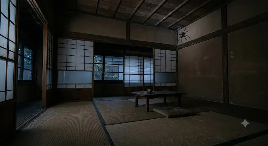 薄暗い日本家屋の和室全体を捉えた広角写真。天井の隅に微かな影が漂う静謐な空間。