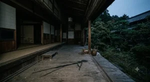 薄暗い家屋の片隅で静かに不穏な空気を漂わせる広大な空間と静寂の風景