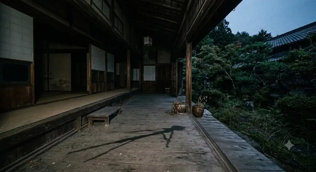 薄暗い家屋の片隅で静かに不穏な空気を漂わせる広大な空間と静寂の風景