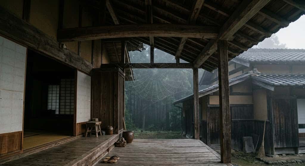 薄暗い日本家屋の軒下に張られた広大な蜘蛛の巣と静謐な情景