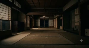 薄暗い日本家屋の部屋の隅と天井を遠くから見渡す静寂で不穏な空間