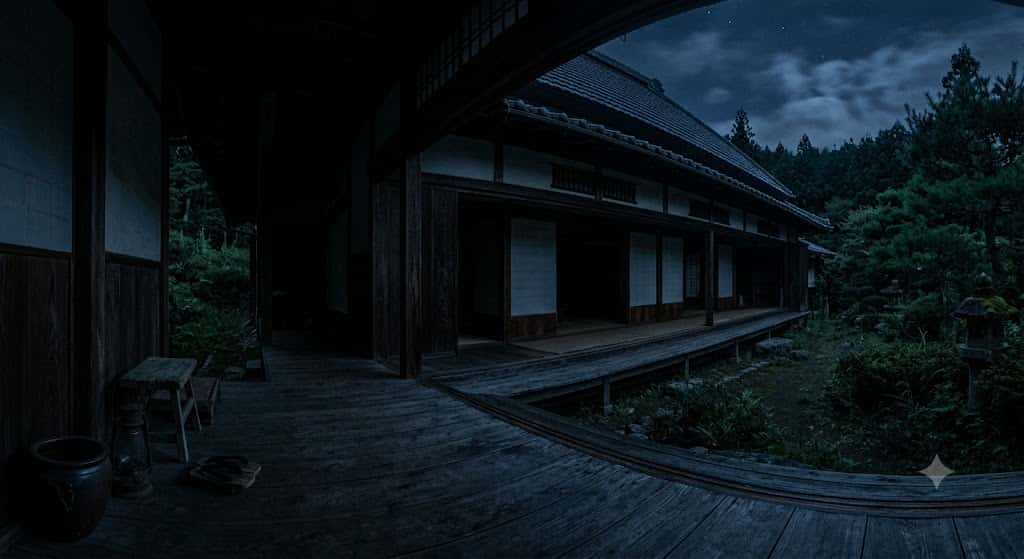 薄暗い日本家屋の縁側と夜の静けさの中に漂う気配を描いたノスタルジックな風景