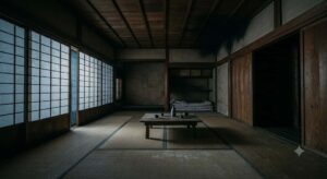 夜の薄暗い日本家屋の部屋と窓の外に広がる静寂な情景