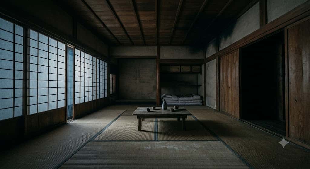 夜の薄暗い日本家屋の部屋と窓の外に広がる静寂な情景