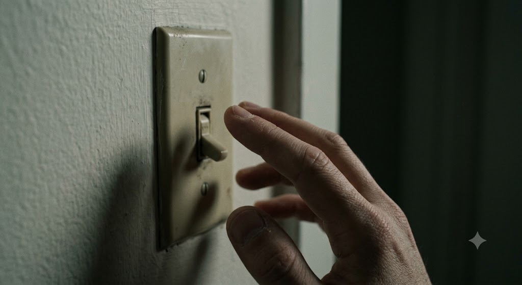 夜の部屋で電気スイッチの手前に伸びる人間の手と暗闇の静寂