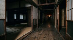 深夜の静まり返った和室の遠景と畳の廊下に伸びる不穏でかすかな影