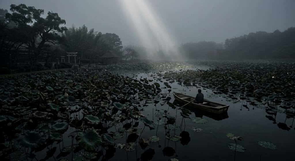 薄暗い日本庭園の蓮池を遠景から捉えた幻想的かつ静謐な引きの風景