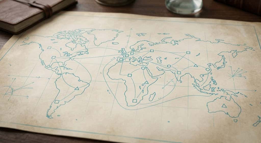 インド・アメリカ・日本へと物語が渡ってきた経路を示す幾何学的な学術図解