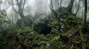 深い山奥の苔むした岩窟の入り口と薄暗い森の景観