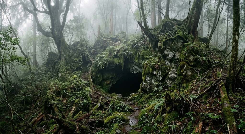 深い山奥の苔むした岩窟の入り口と薄暗い森の景観