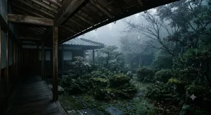 早朝の静けさの中、庭先の木々の間に朝日を受けて浮かび上がる繊細な蜘蛛の巣