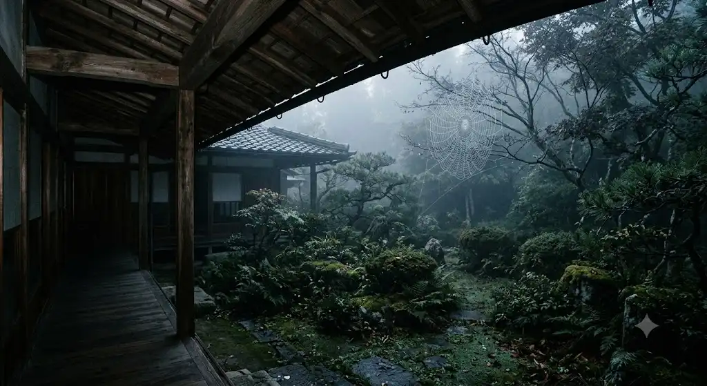 早朝の静けさの中、庭先の木々の間に朝日を受けて浮かび上がる繊細な蜘蛛の巣