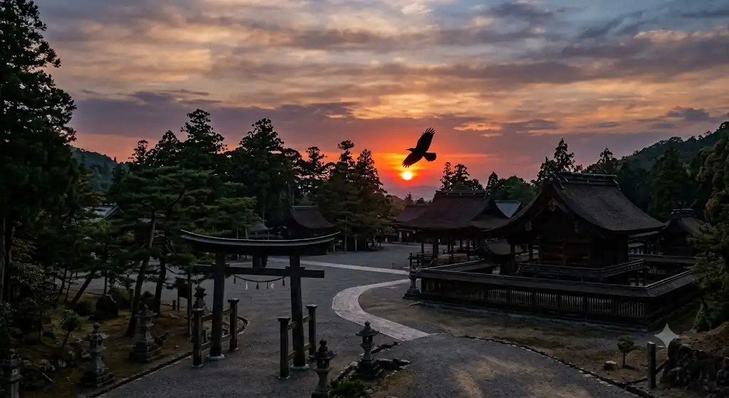 夕暮れ時の神社の境内と遥か上空の太陽に舞う一羽の巨大なカラスのシルエット