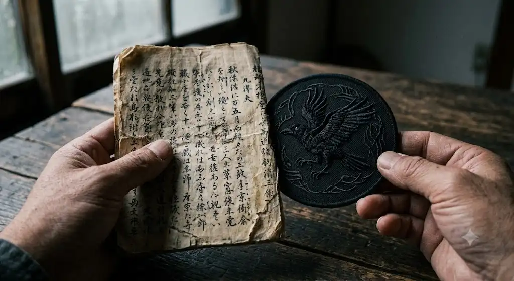 手元で古びた書物と三本足の鳥が刺繍されたエンブレムを並べて見つめる手元